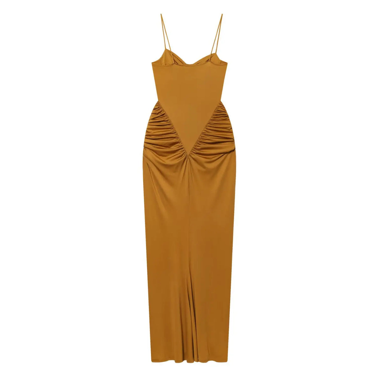 Mustard V-waist ruched sweetheart cami midi dress, back flat lay