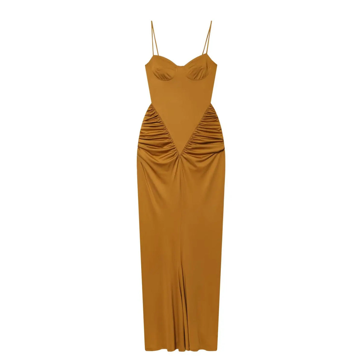 Mustard V-waist ruched sweetheart cami midi dress, front flat lay