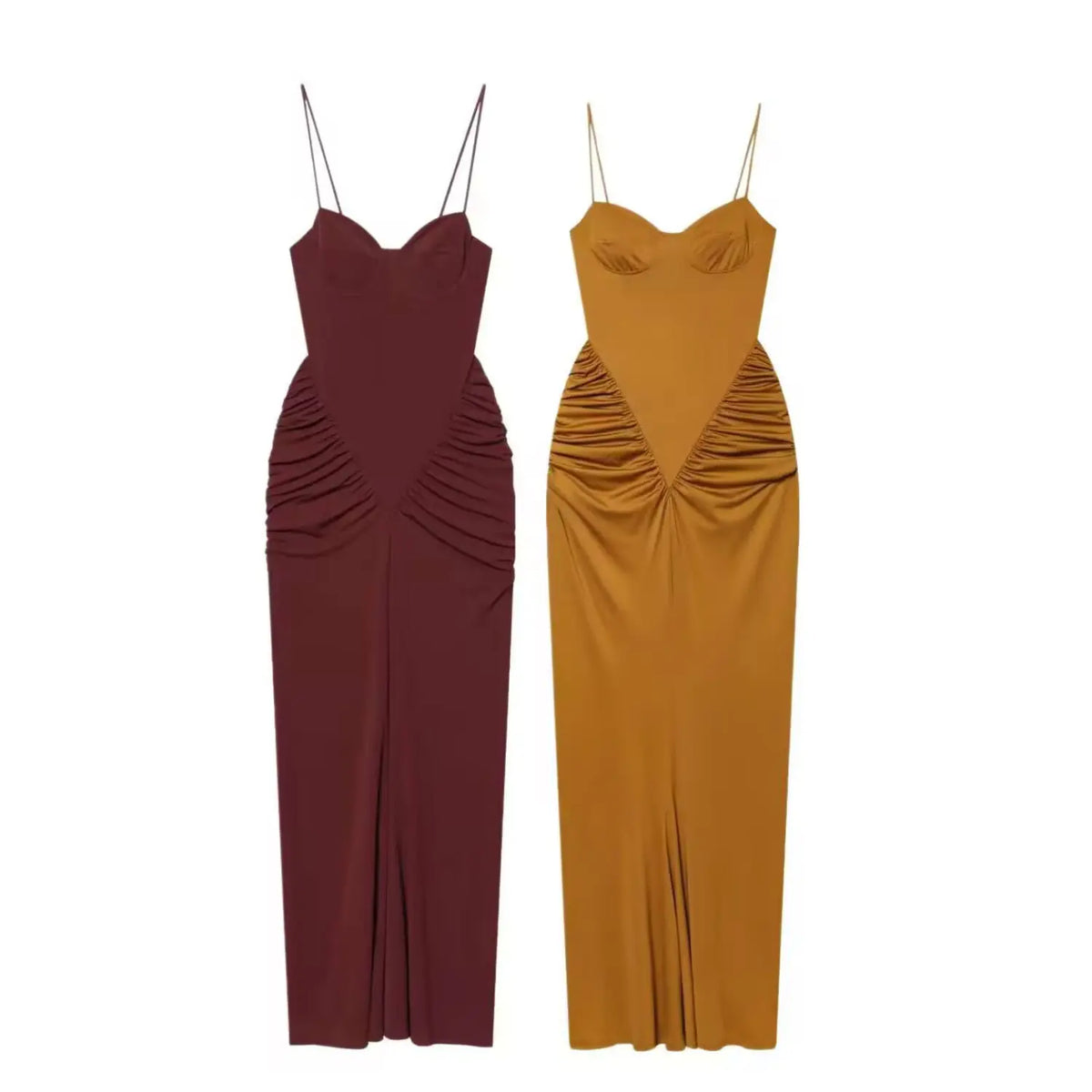 Front flat lay of two color options, burgundy and mustard