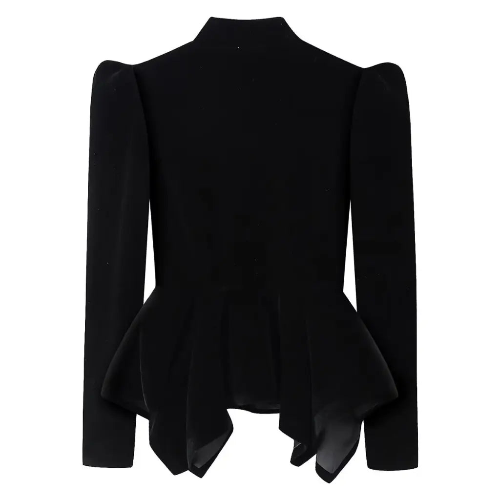 Black velvet keyhole stand collar peplum jacket, back flat lay