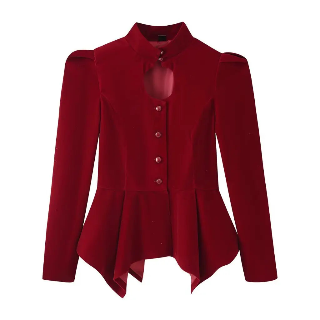 Burgundy velvet keyhole stand collar peplum jacket, front flat lay
