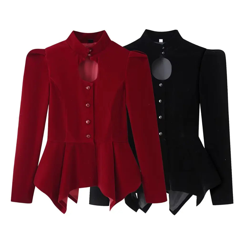 Burgundy and black velvet keyhole peplum jacket, color comparison