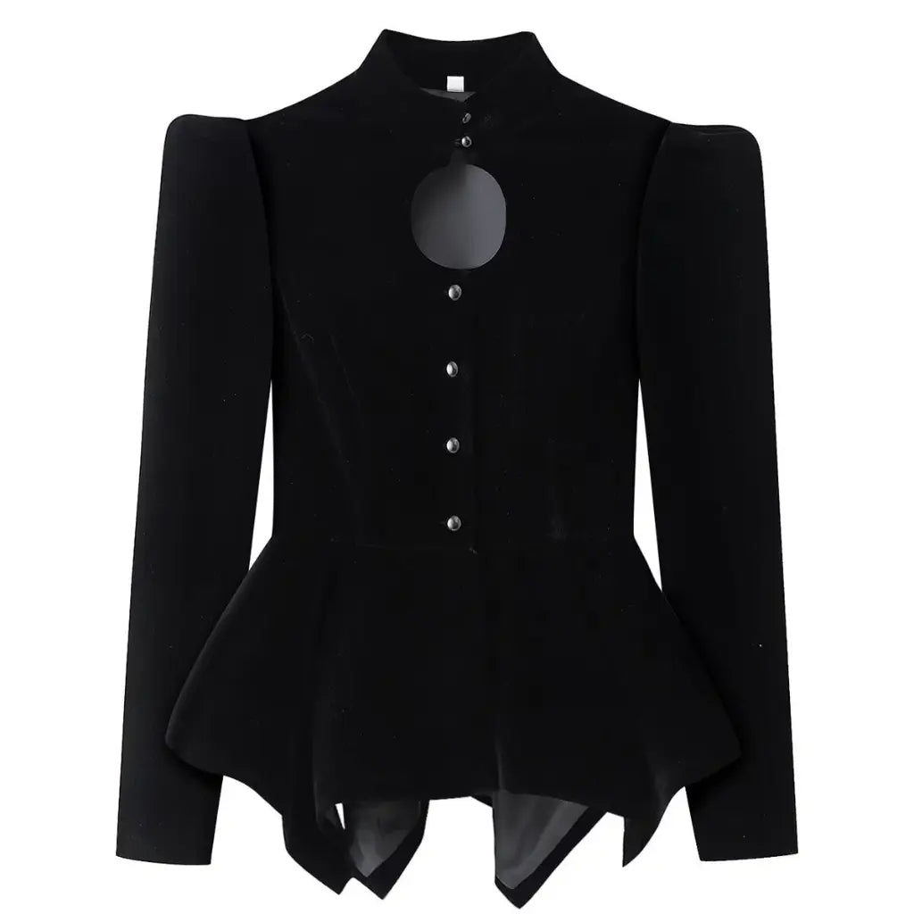 Black velvet keyhole stand collar peplum jacket, front flat lay