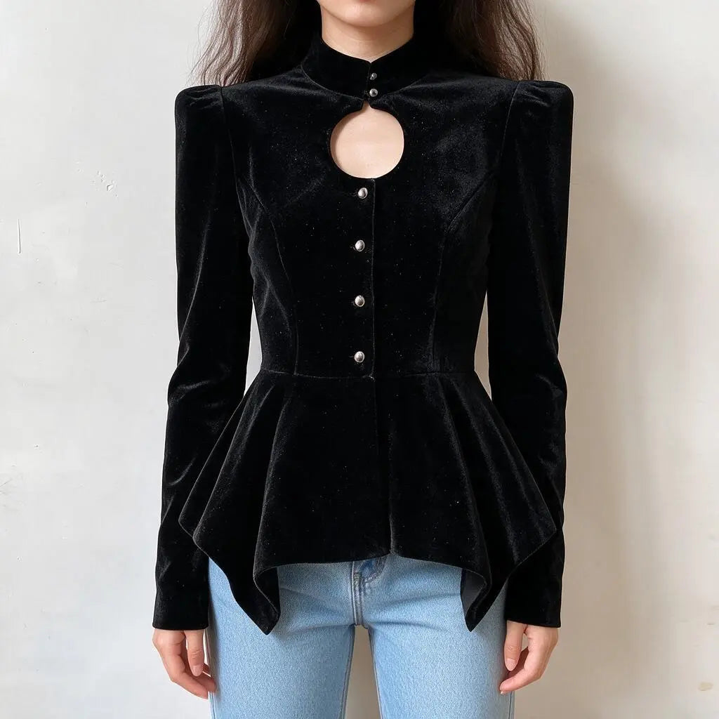 Model wearing black velvet keyhole stand collar peplum jacket, front view