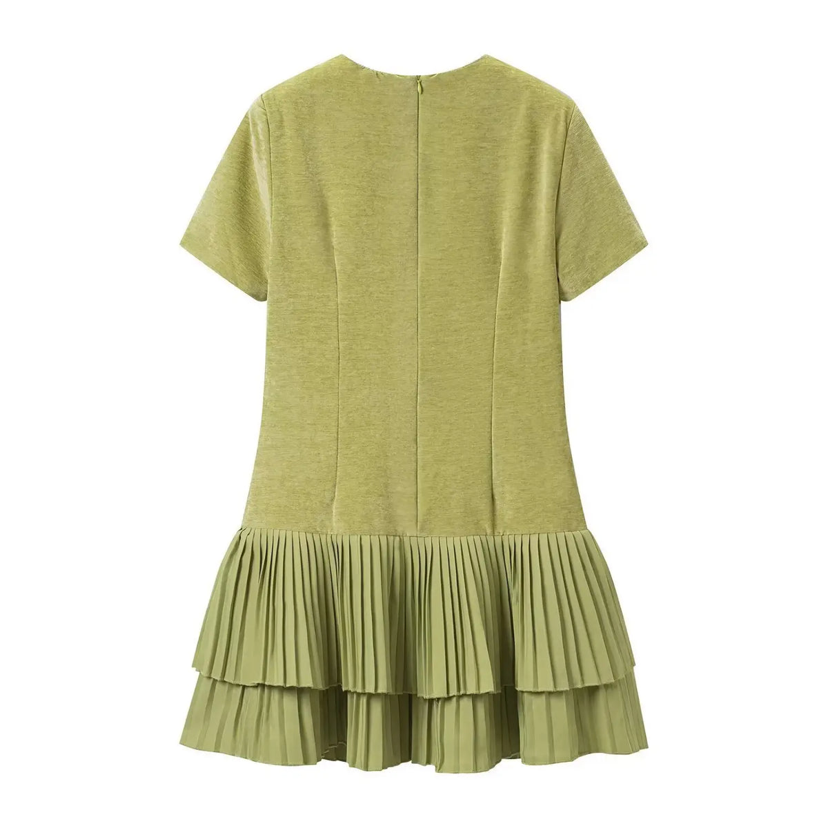 Back flat lay of olive green velvet pleated ruffle hem mini dress