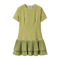 Front flat lay of olive green velvet pleated ruffle hem mini dress