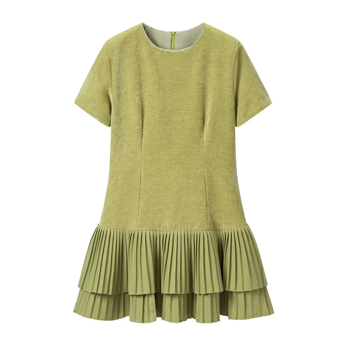 Front flat lay of olive green velvet pleated ruffle hem mini dress