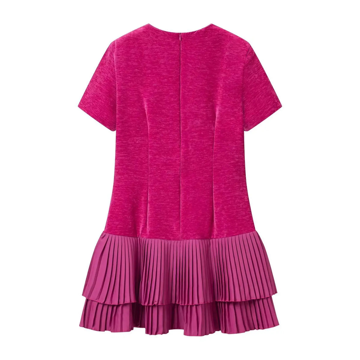 Back flat lay of fuchsia velvet pleated ruffle hem mini dress
