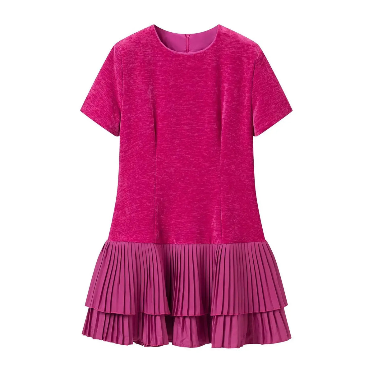 Front flat lay of fuchsia velvet pleated ruffle hem mini dress