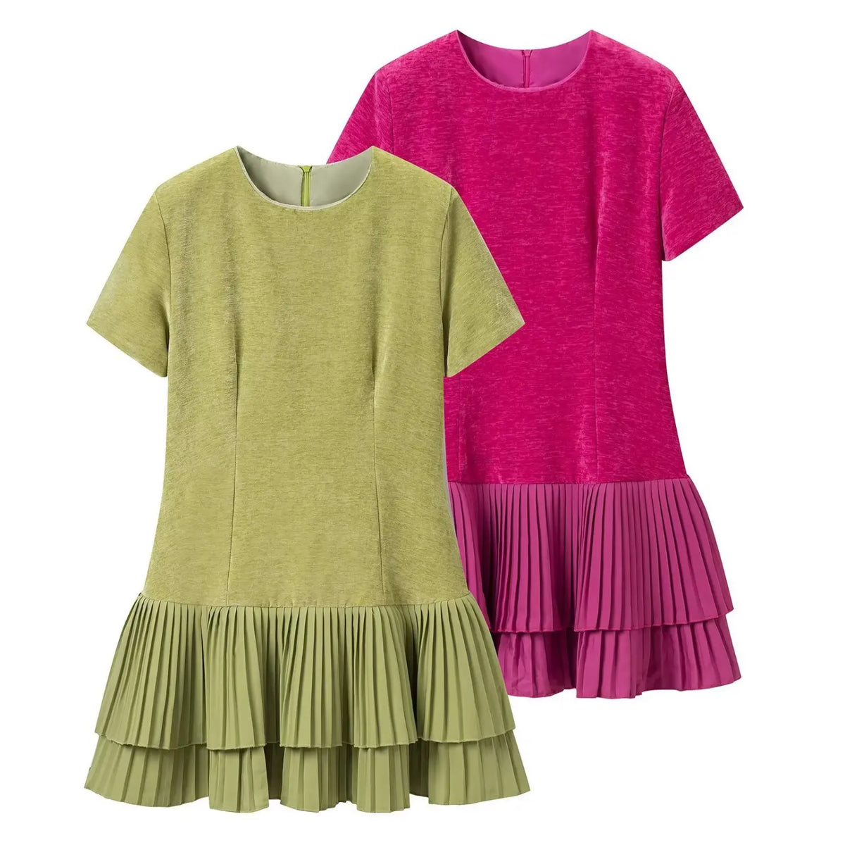 Two colorways of velvet pleated ruffle hem mini dress, green and pink