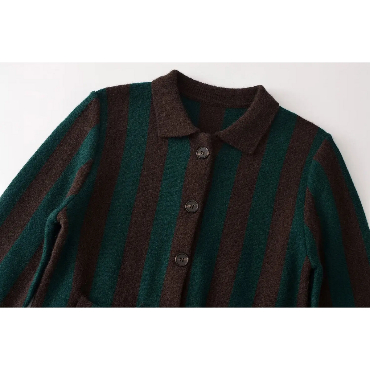 Close-up of collared neckline and button placket