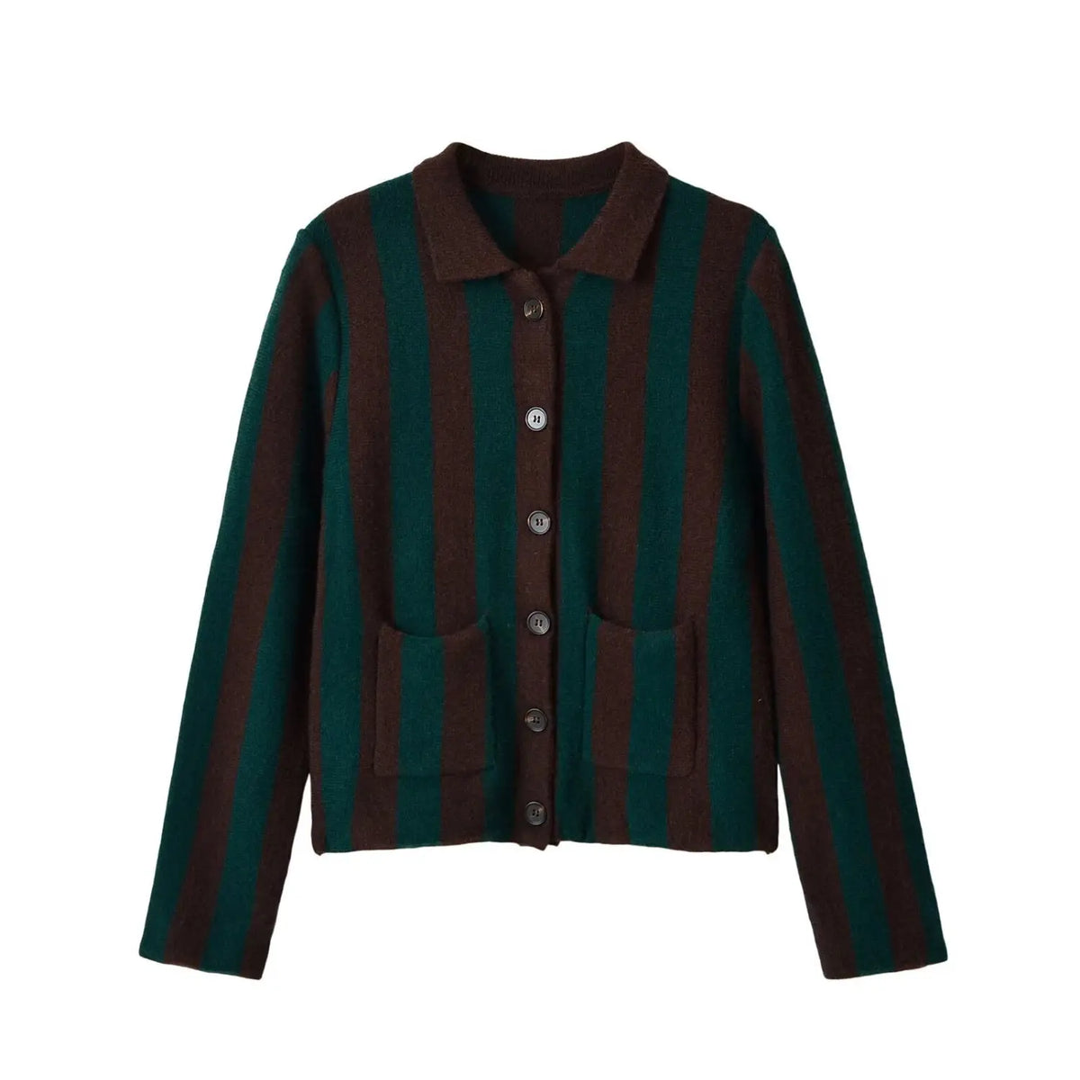 Vertical stripe collared pocket cardigan, front flat lay