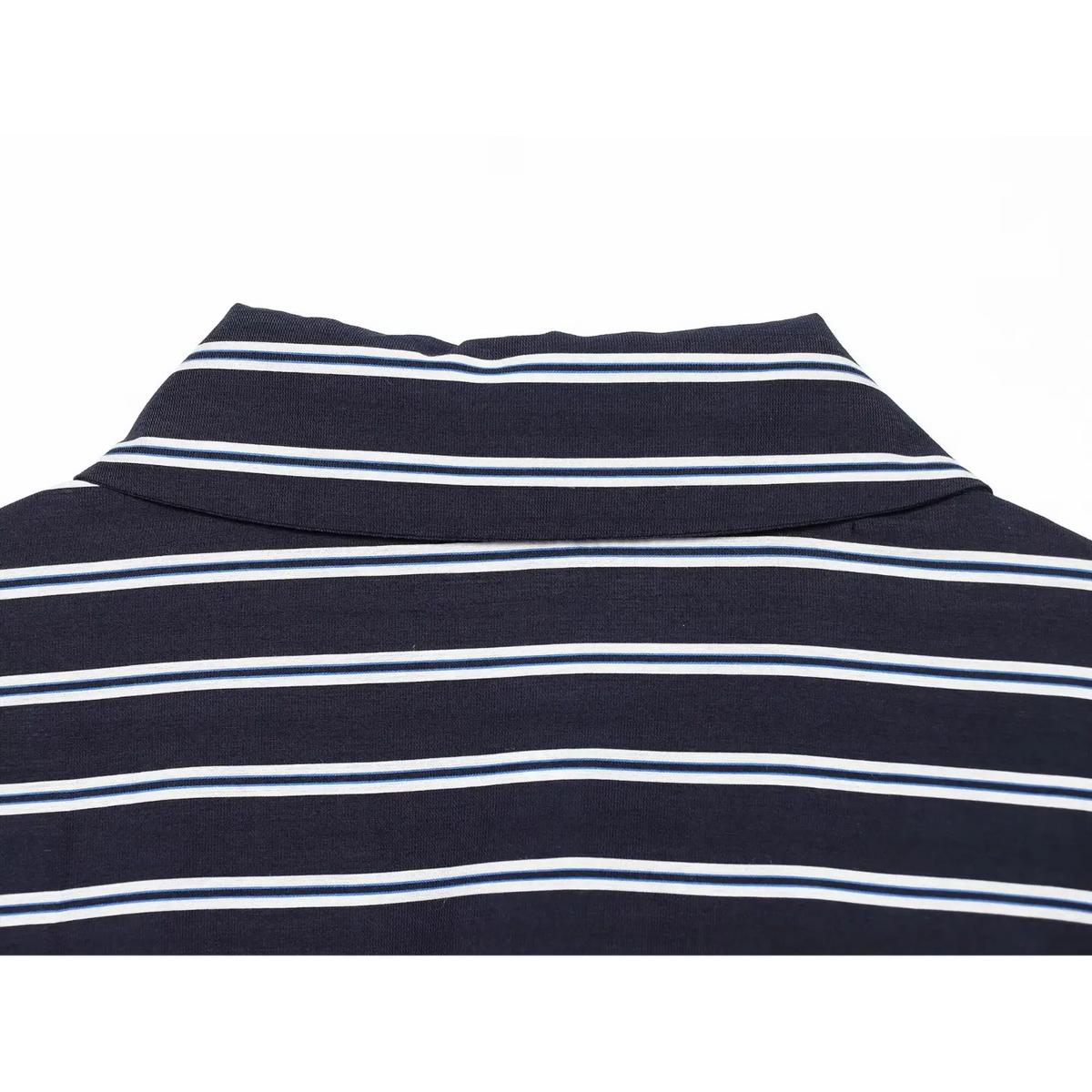 Close-up of back neck yoke in horizontal stripes on navy shirt
