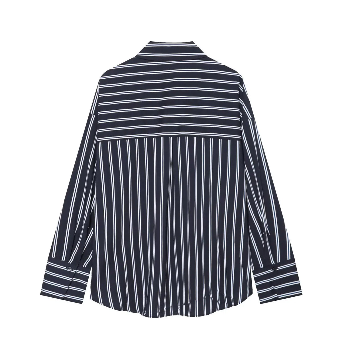Back flat lay of navy stripe shirt with horizontal back yoke