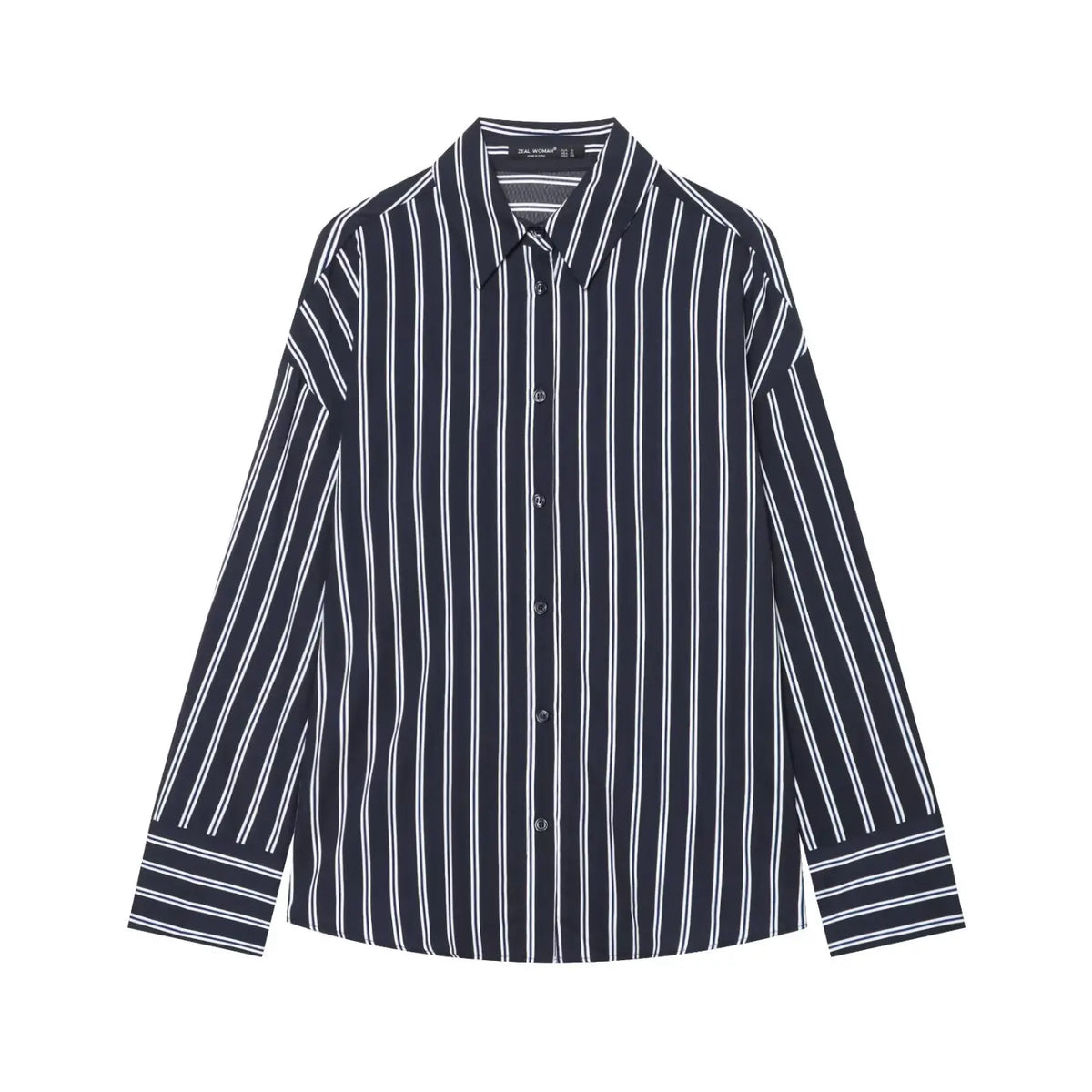 Front flat lay of navy vertical stripe button down shirt