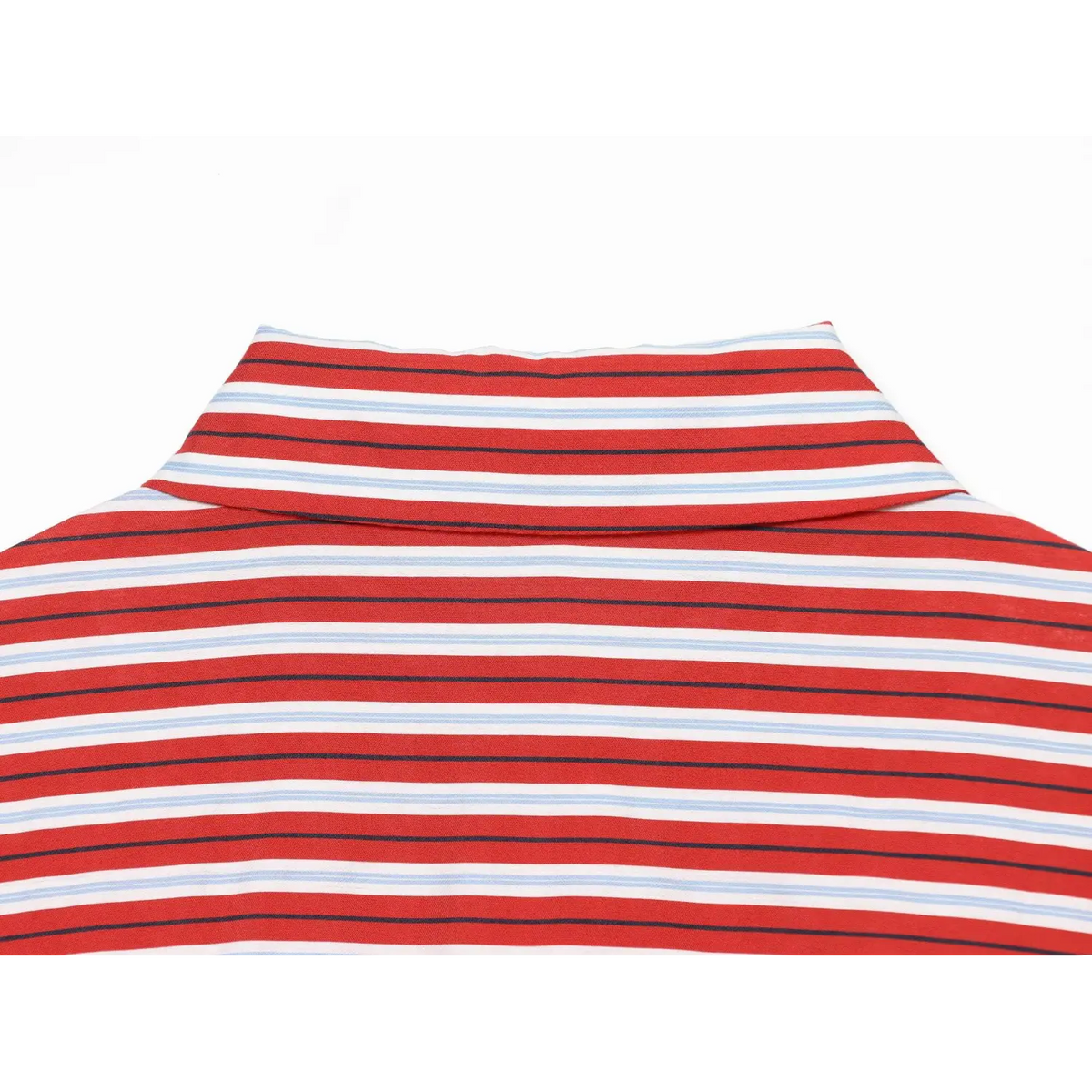 Close-up of back neck yoke in horizontal stripes on red shirt