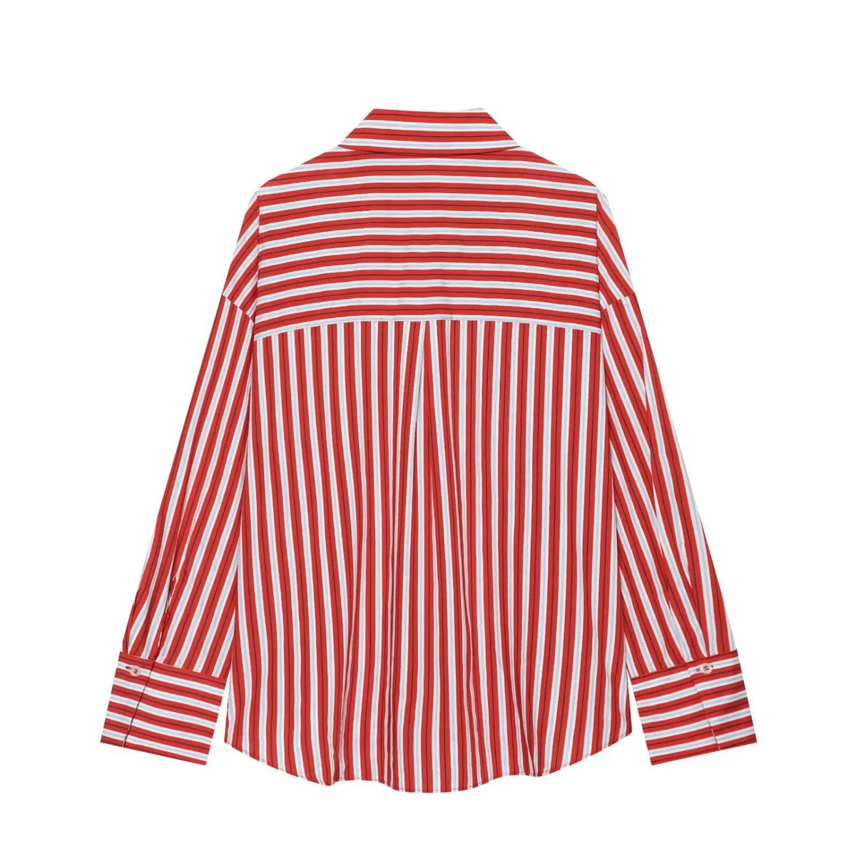 Back flat lay of red stripe shirt with horizontal back yoke
