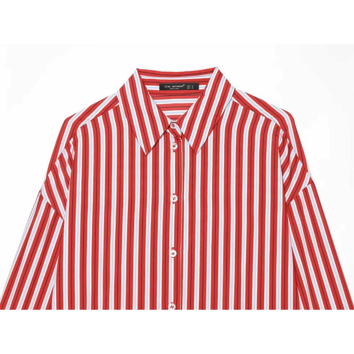 Close-up of point collar and button placket on red stripe shirt