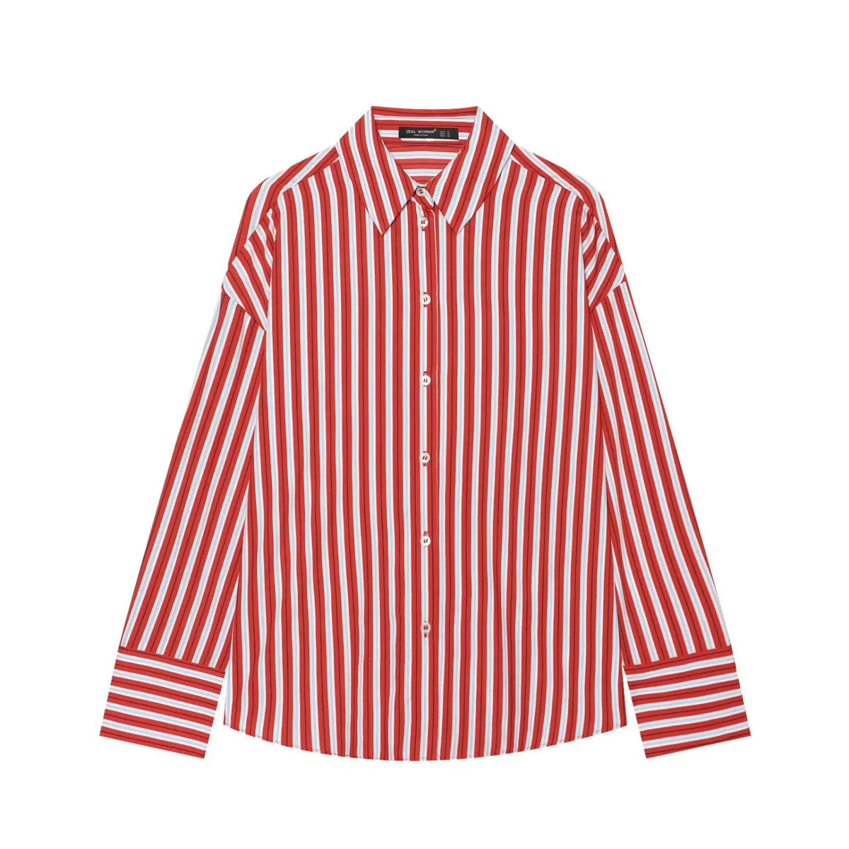 Front flat lay of red vertical stripe button down shirt