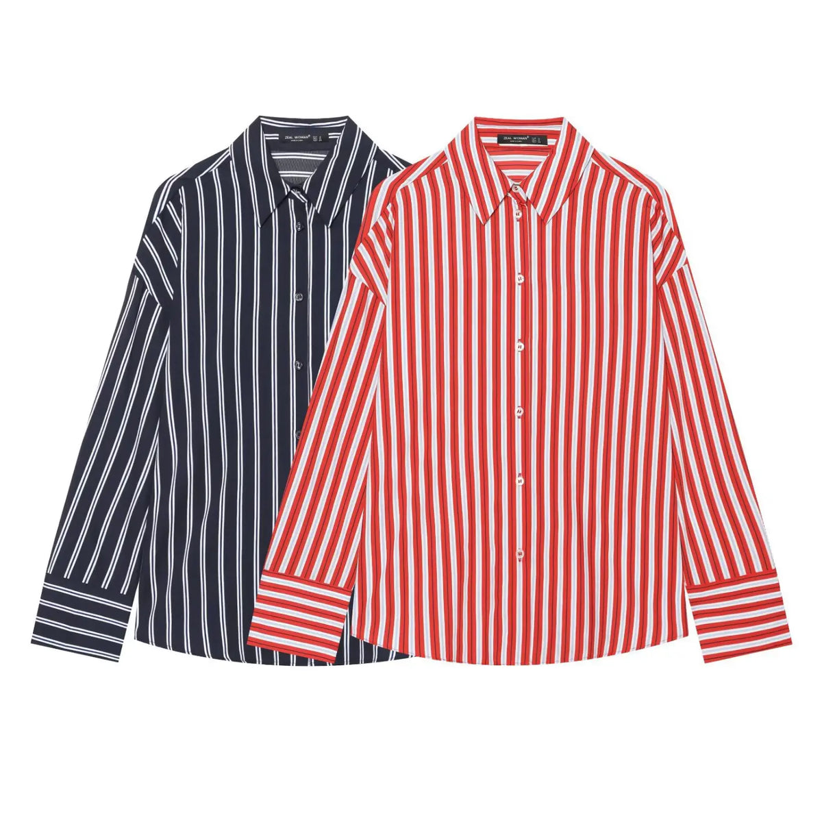 Red and navy vertical stripe drop shoulder shirts flat lay together