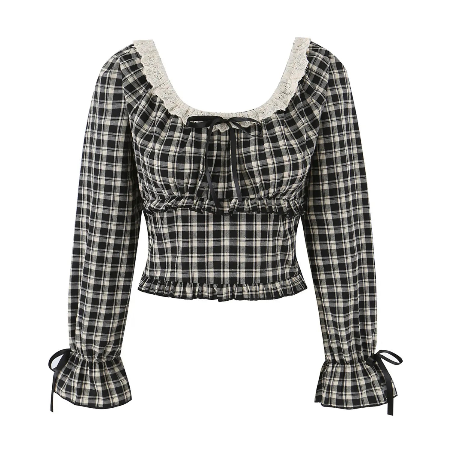 Front full flat lay y2k plaid cropped blouse, elastic eyelet lace square neck, front black satin bow tie, two-tier ruffle waist, flare long sleeves with wrist ribbon bows, slim fit casual daily top