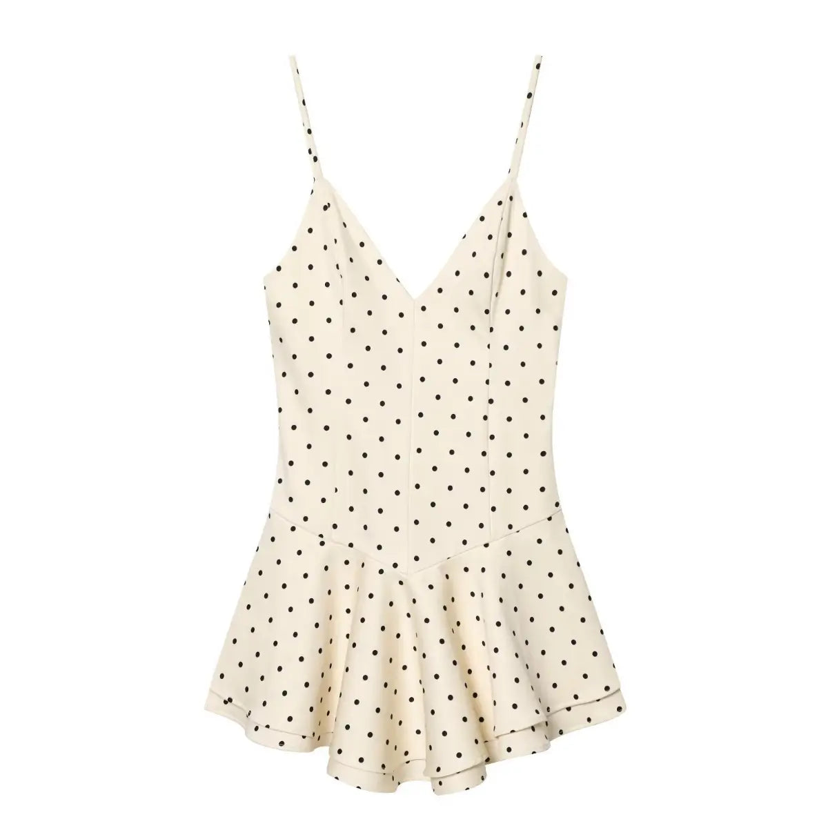 Full front white background product shot of cream base polka dot mini dress, fitted corset bodice and multi-layer flared ruffle skirt.