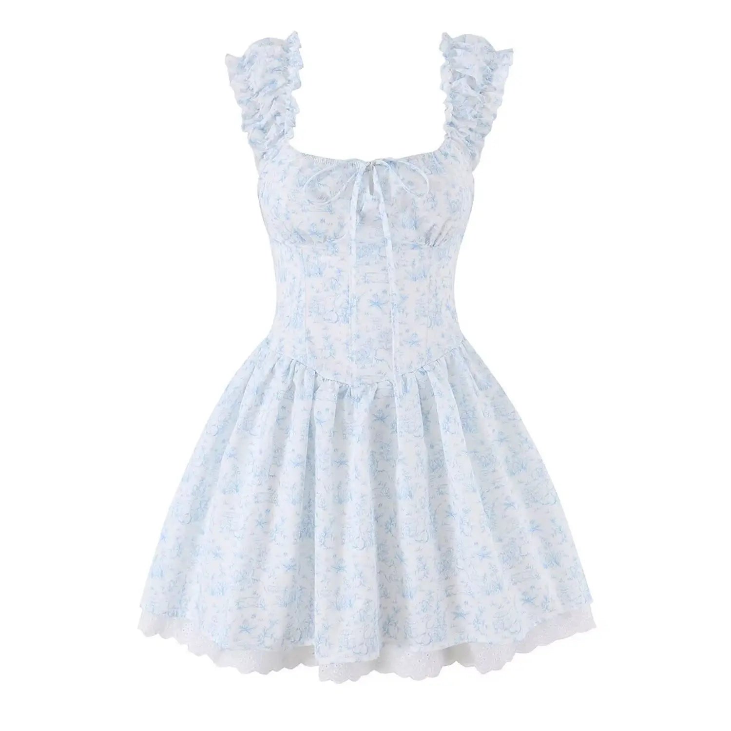 Front flat product shot mini sundress, square elastic neck with fabric tie, layered ruffle shoulder straps, all-over hand drawn blue rabbit flower print, slim waist flared lace hem skirt