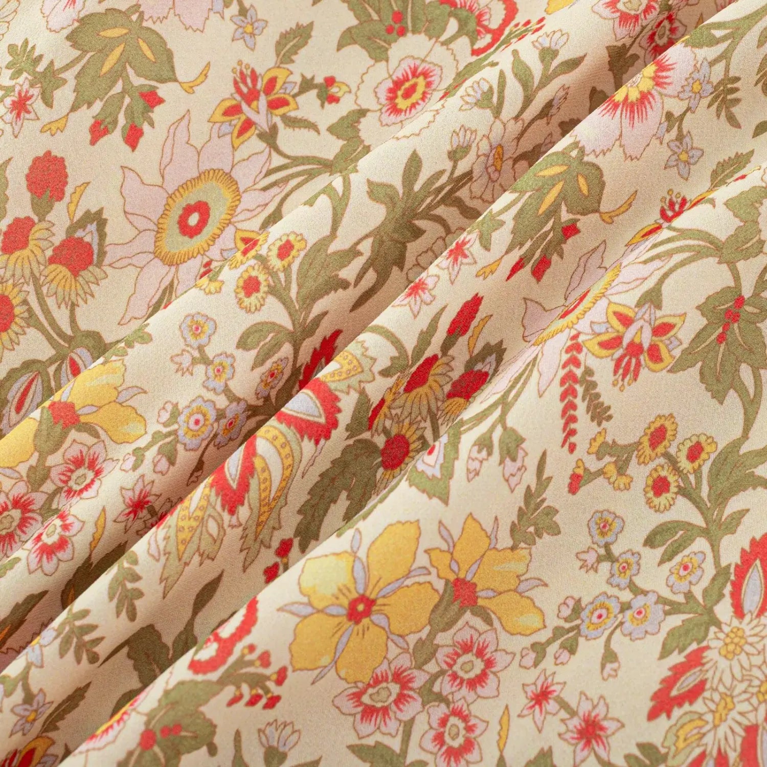 Flat lay close-up texture shot of cream base vintage botanical floral chiffon fabric, multi-color retro flower print with soft lightweight flowing weave
