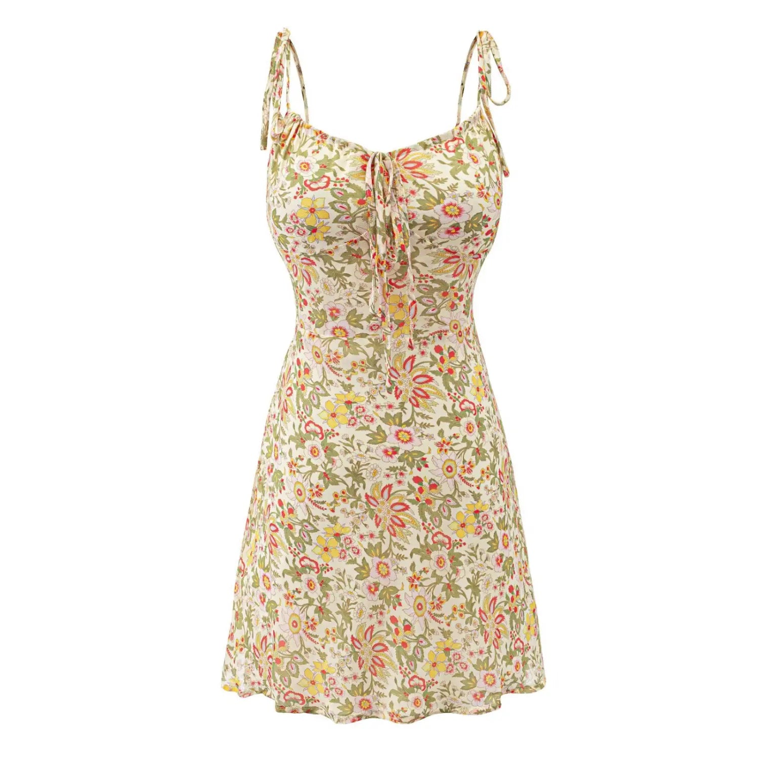 White background studio full front shot of cream retro floral chiffon mini dress, tie ruched bust, slim fitted waist and flared flowy mini skirt hem