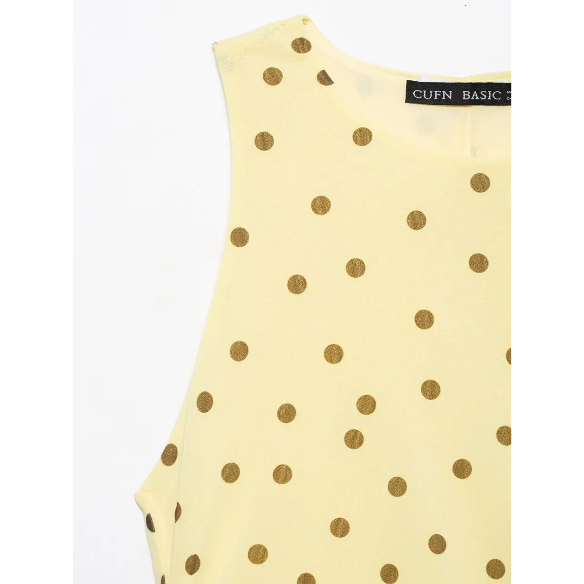 Daily lifestyle shot retro polka dot high neck flowy chiffon long dress