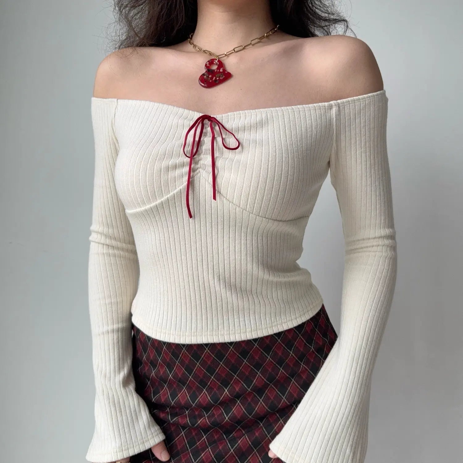 Vintage cream ribbed off shoulder bodycon crop top, red front tie detail flare long sleeve stretch women y2k tee