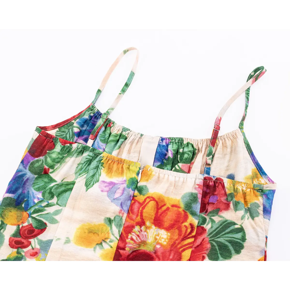 Close-up of back elastic shirred panel and invisible side zipper on floral midi dress.