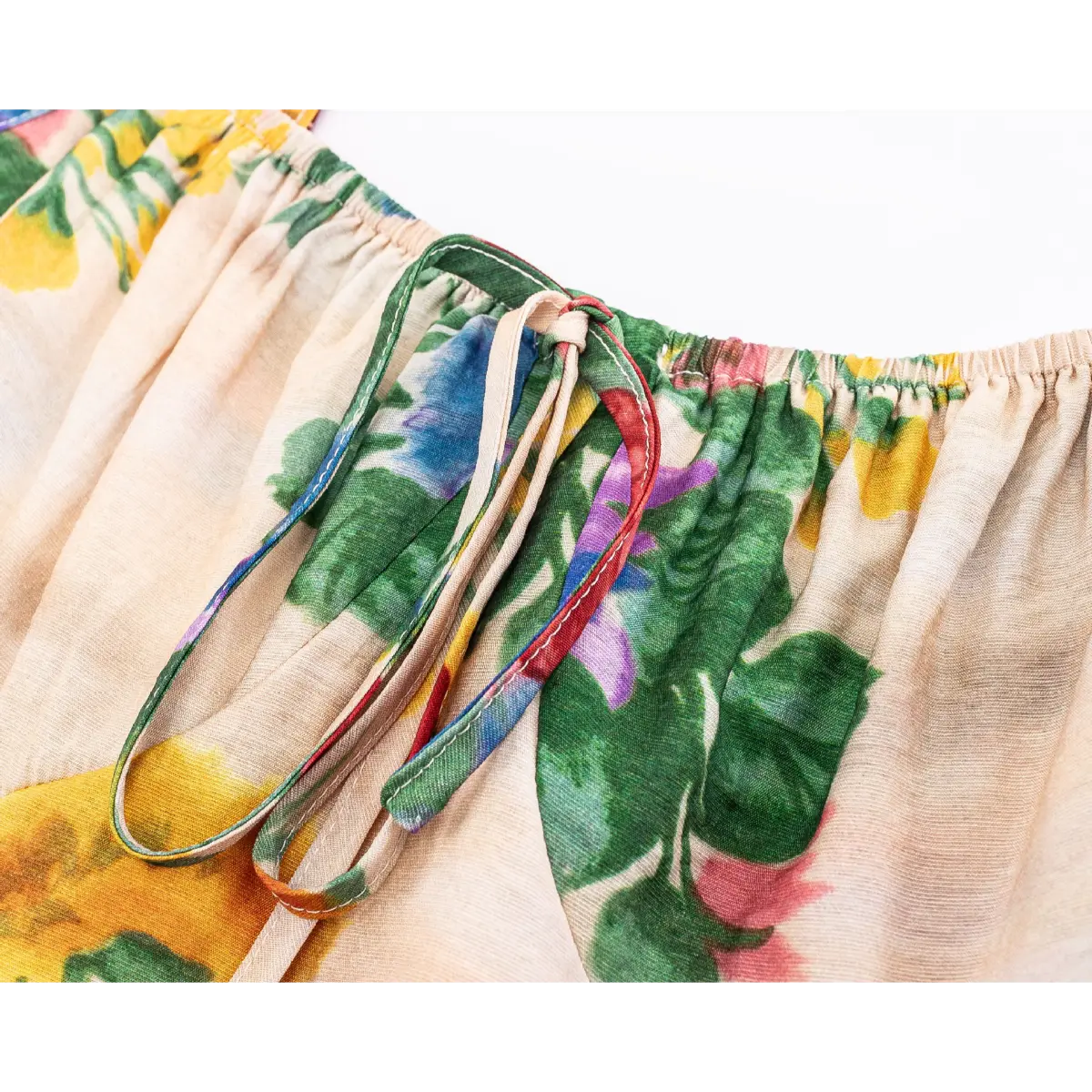 Close-up of self-fabric front drawstring tie at bust for adjustable gathering.