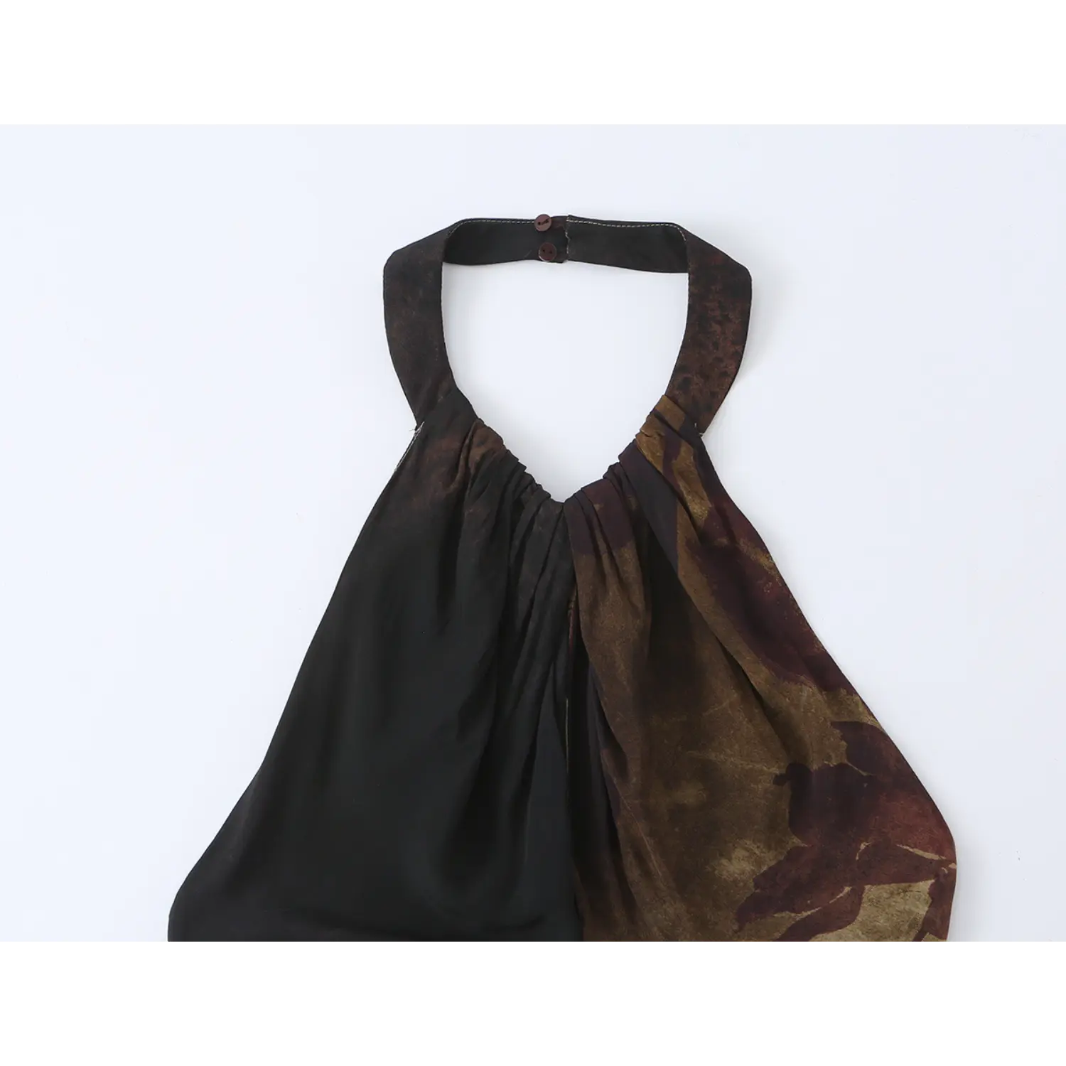 Close‑up of halter neck for vintage floral maxi dress, show neckline gathering and back button closure