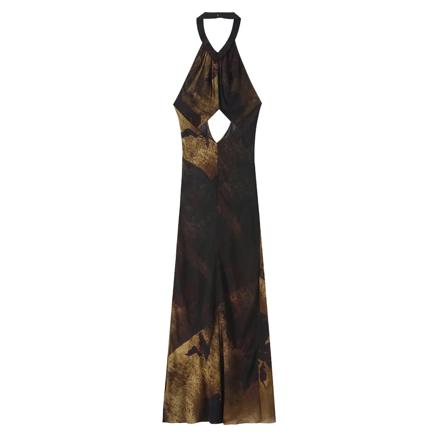 Women vintage floral halter cutout maxi dress, back flat‑lay view, open back with keyhole cutout detail