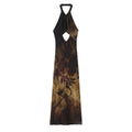 Women vintage floral halter cutout maxi dress, front flat‑lay view, dark brown sepia flower print long dress
