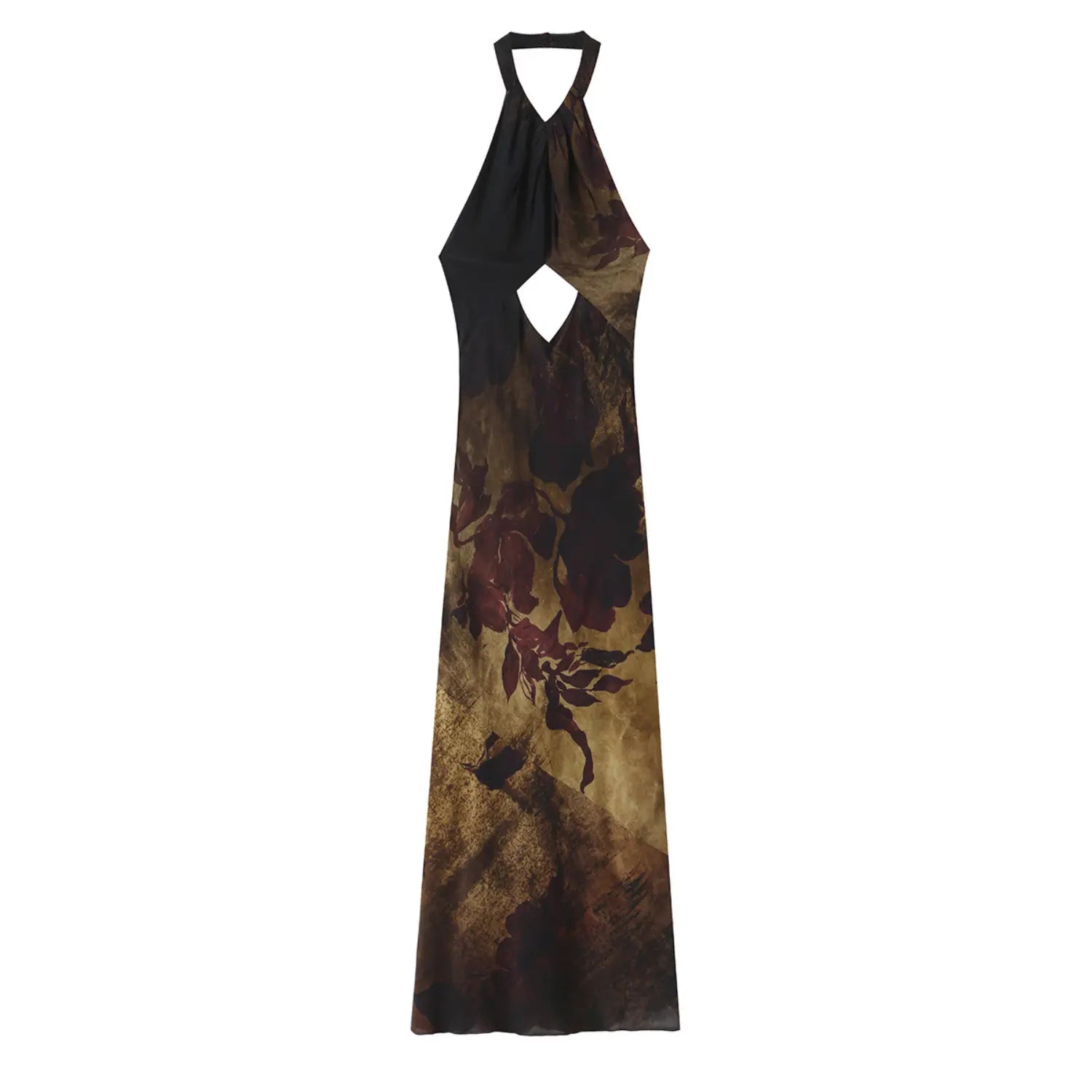 Women vintage floral halter cutout maxi dress, front flat‑lay view, dark brown sepia flower print long dress