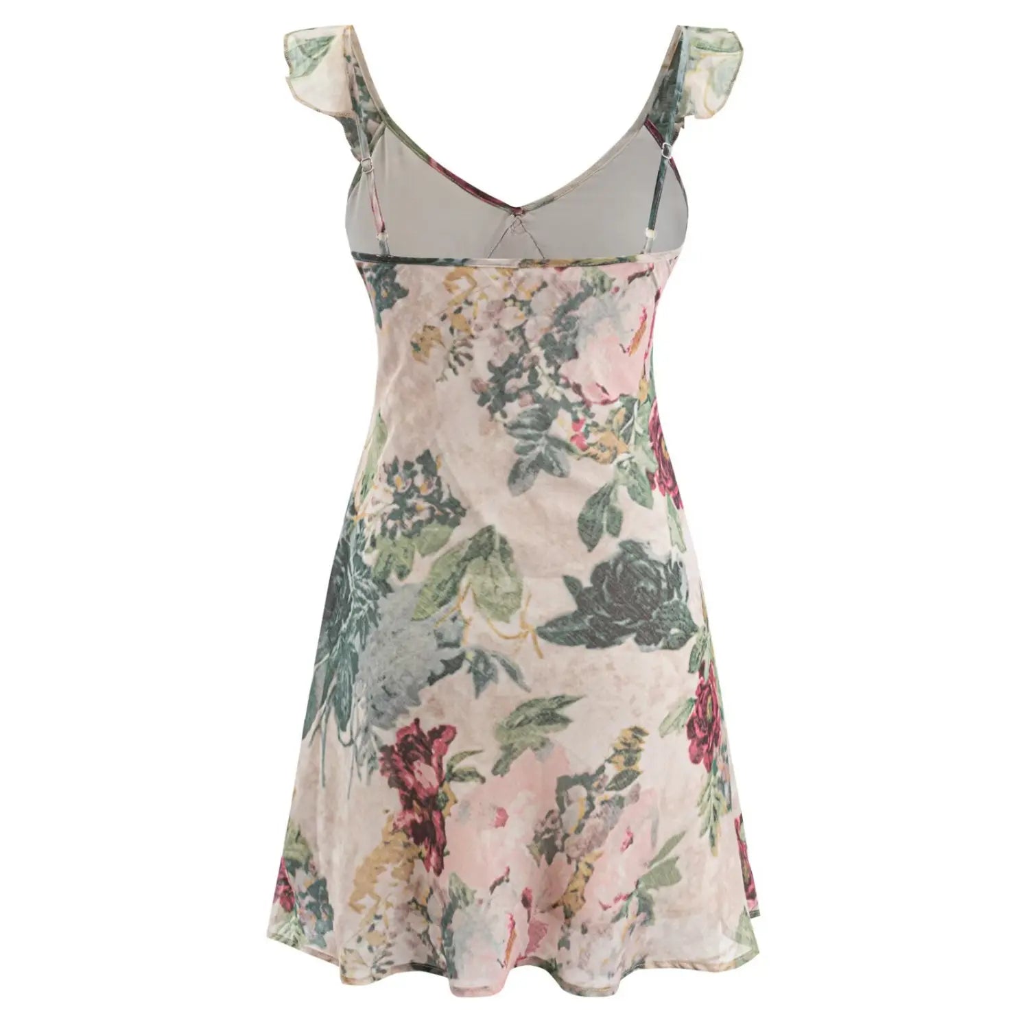 Mannequin back view vintage floral mini dress showing adjustable spaghetti straps and back lining construction