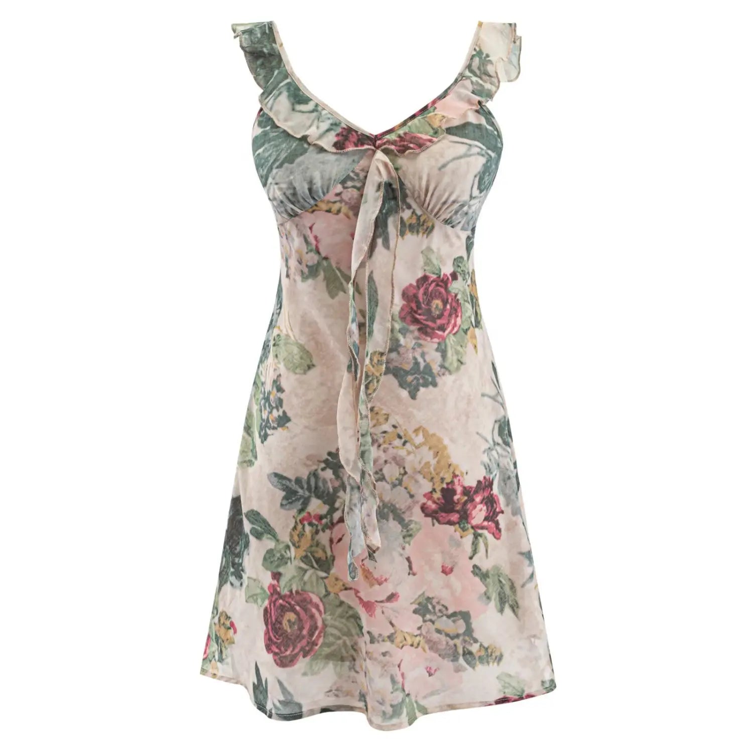 Mannequin front view vintage floral print mini dress ruffle spaghetti straps v‑neck front tie detail flowy silhouette