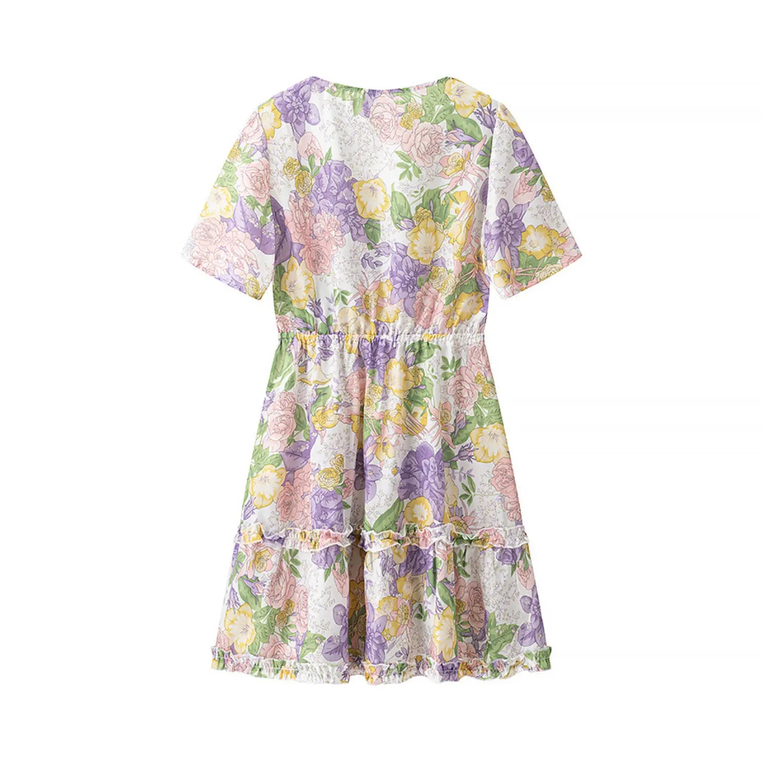 Full back view isolated on white, pastel floral print short sleeve mini dress with elastic waist
