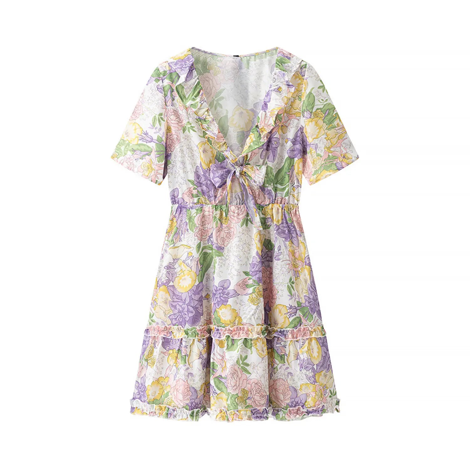 Full front view isolated on white, short sleeve v neck floral mini dress with front tie and tiered ruffle skirt