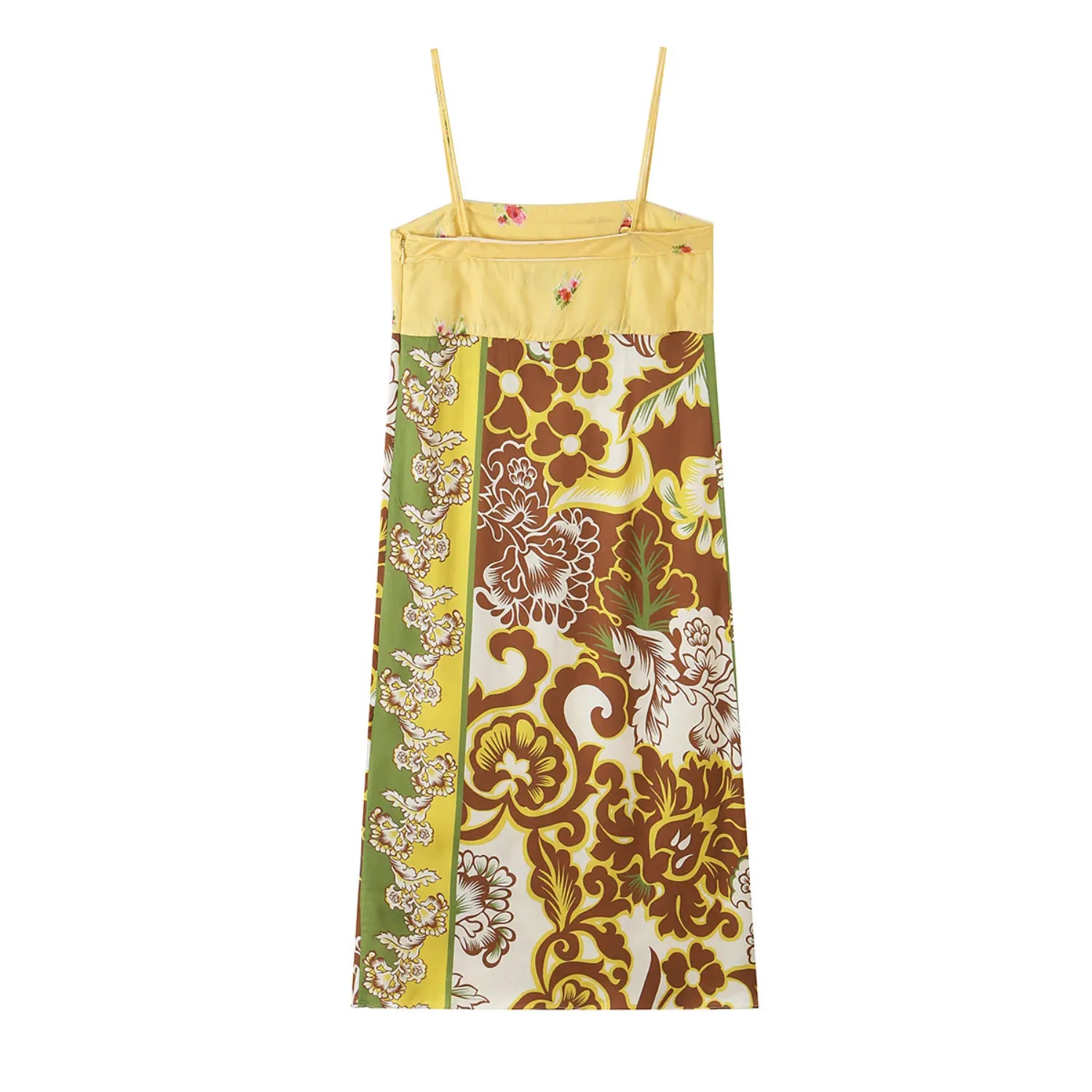 Back flat lay photo of yellow patchwork floral thin strap midi slip dress isolated white background