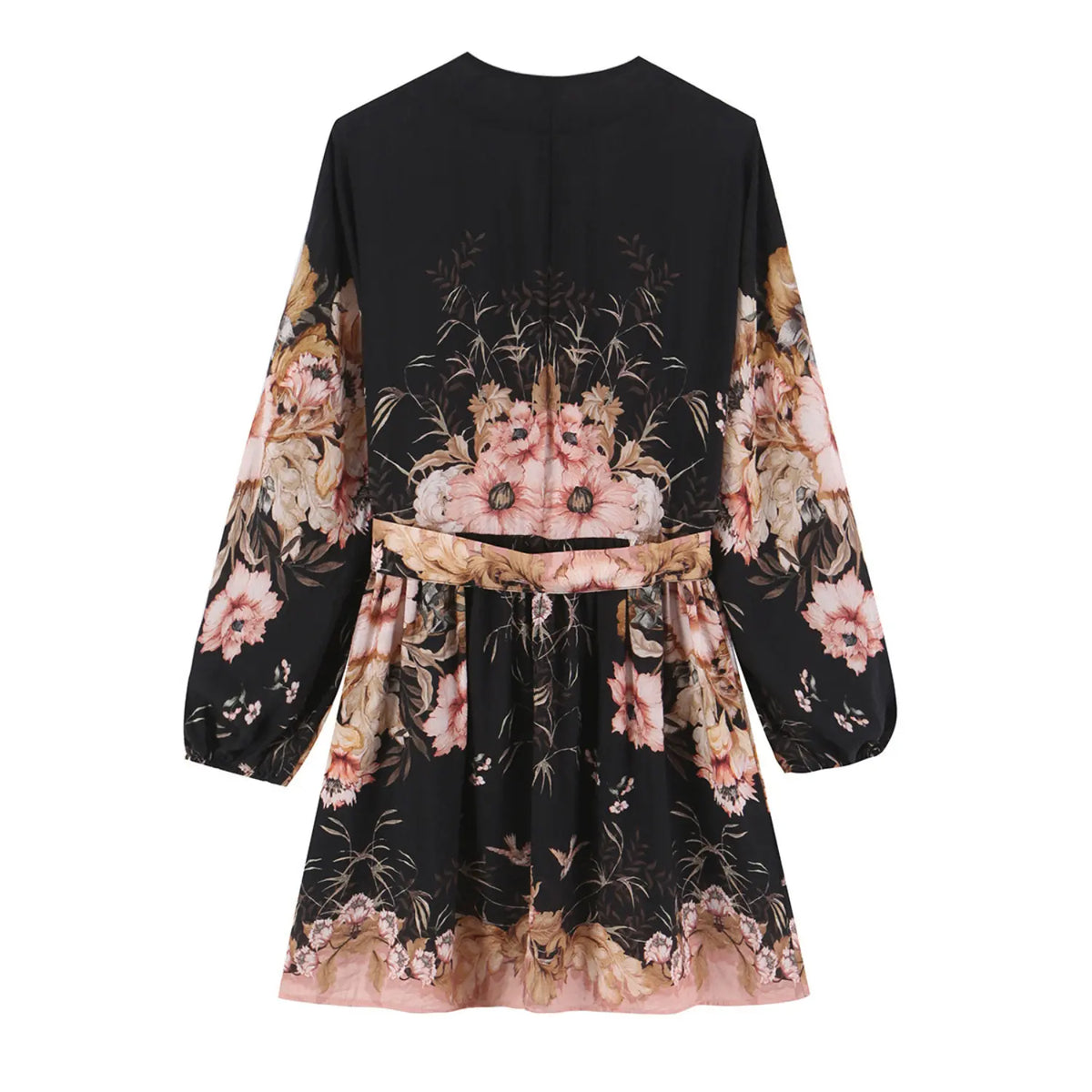 Black vintage floral tie waist long sleeve mini dress, back flat lay