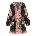 Black vintage floral tie waist long sleeve mini dress, front flat lay