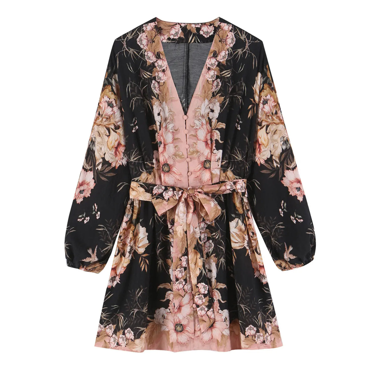 Black vintage floral tie waist long sleeve mini dress, front flat lay