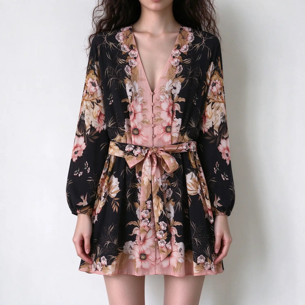 Model wearing black vintage floral tie waist long sleeve mini dress, front view