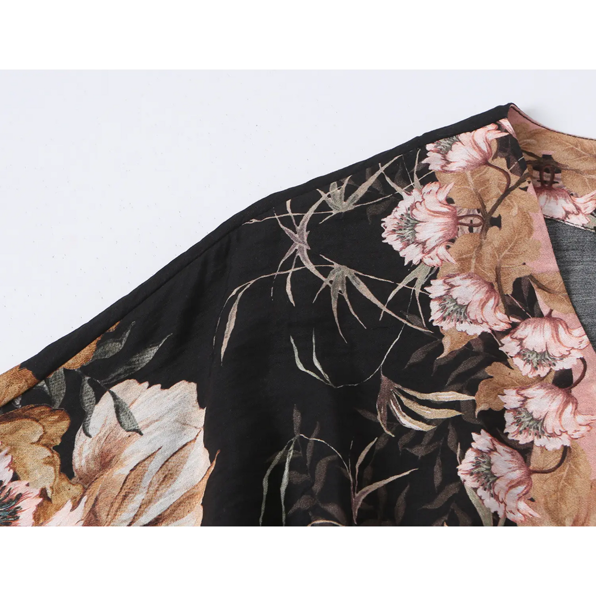 Close-up of shoulder seam and vintage floral print detail