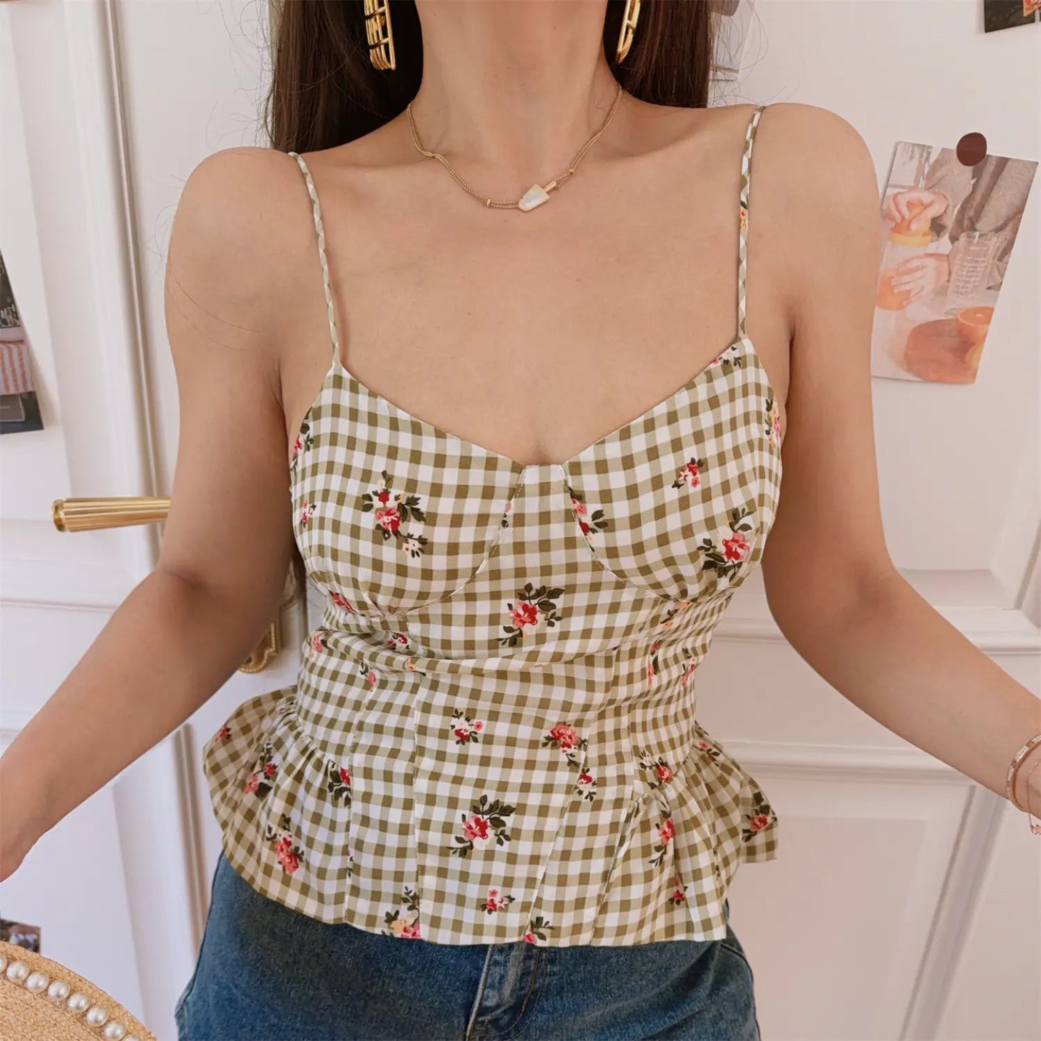Side front view olive gingham floral peplum camisole, fitted corset waist thin spaghetti straps casual summer women top