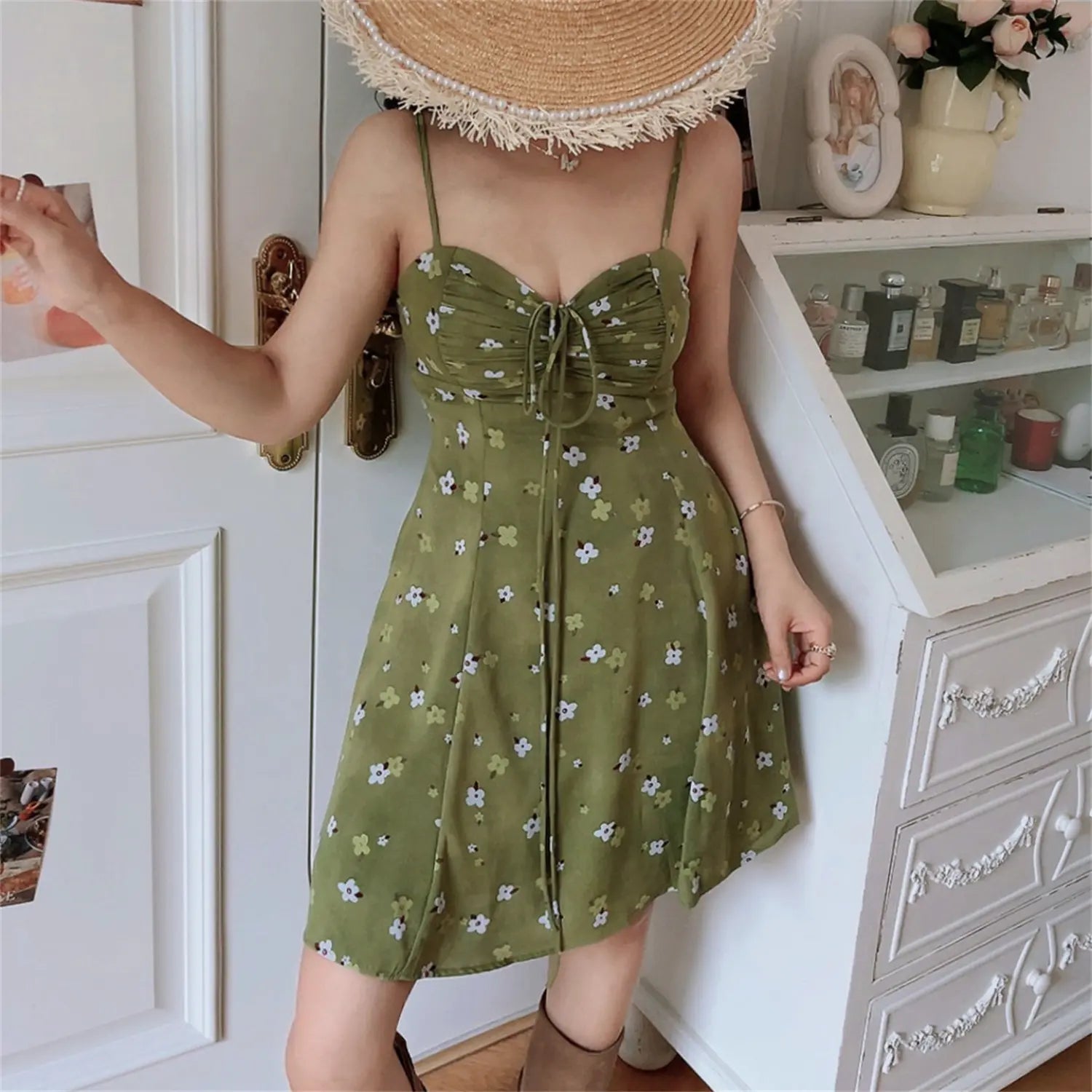 Vintage avocado green tiny floral cami mini dress side front relaxed full view, drape a-line chiffon skirt minimalist korean home casual full outfit