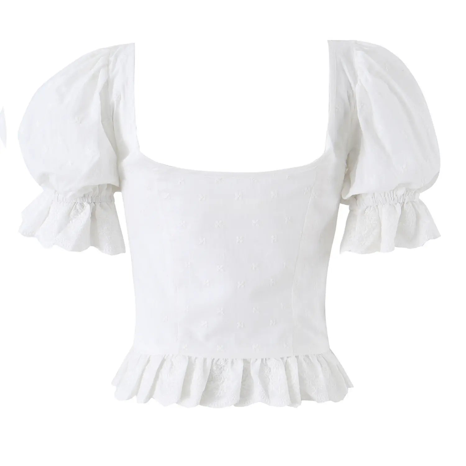 Back view white cotton eyelet crop blouse, solid square back neck elastic puff sleeve lace ruffle hem vintage top